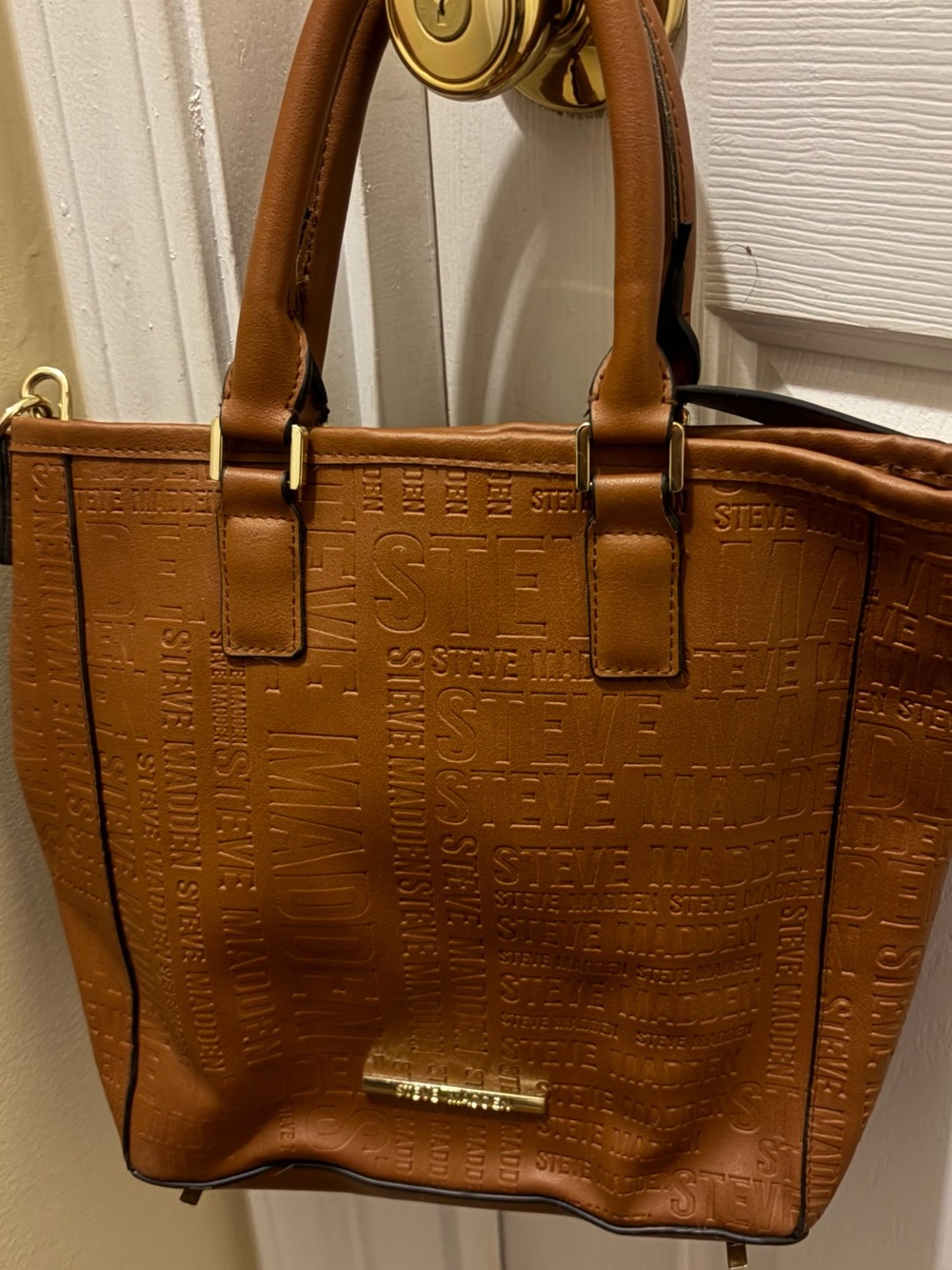 Steve Madden Cognac Embossed Logo Tote with Gold Accents